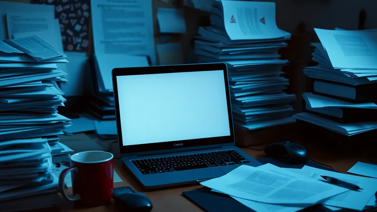 Illustration: A cluttered desk holds a single laptop displaying a blank screen with jagged red warning shapes.