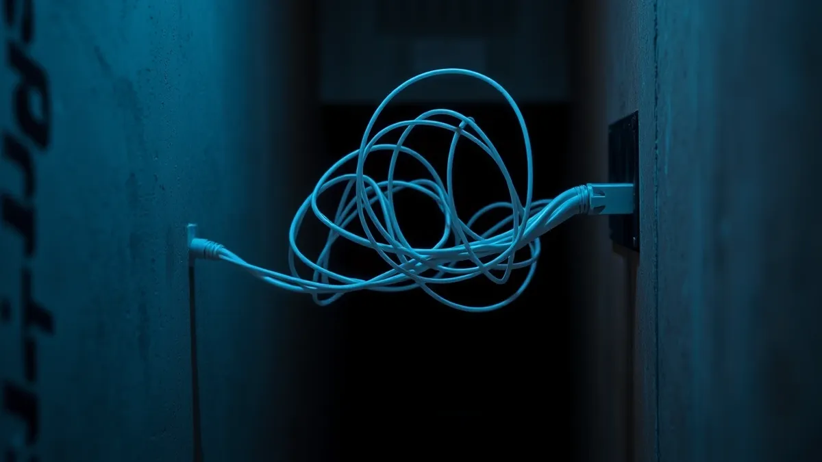 Illustration: A tangled knot of fiber optic cables glows with faint blue light as they twist away from a blank network switch port.