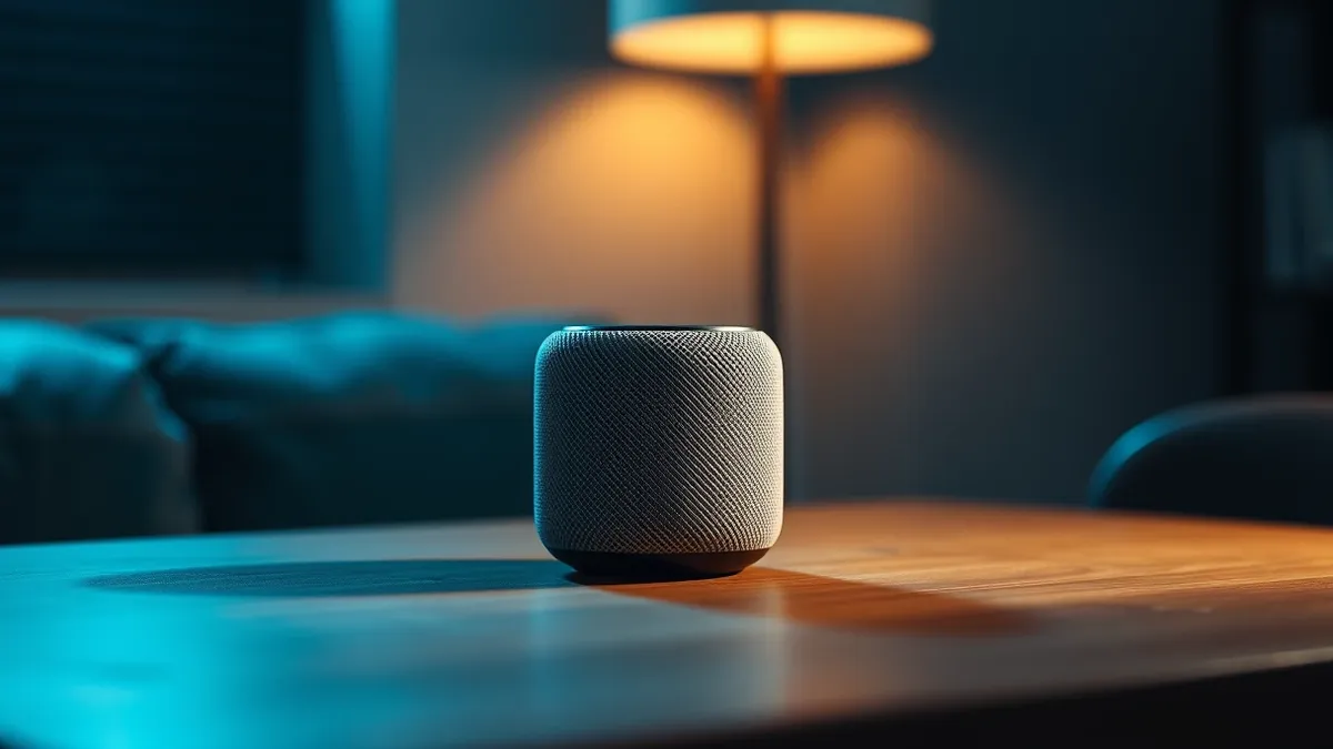 Illustration: A small cylindrical smart speaker sits on a wooden table.