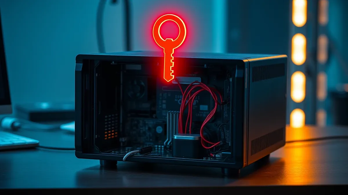 Illustration: A sleek black security appliance sits on a desk with its front panel open, exposing complex circuit boards and wires.