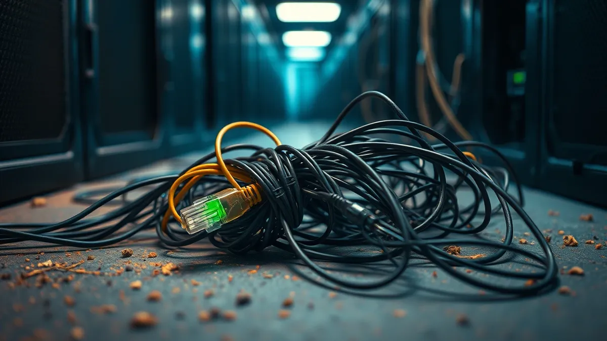 Illustration: A tangled knot of loose ethernet cables rests on a dusty server floor, obscuring a small green LED light that should be steady.