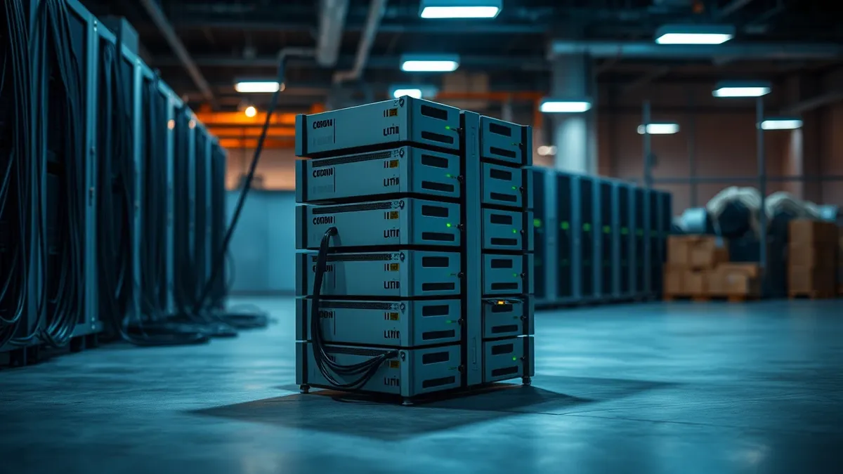 Illustration: A stack of uniform gray server modules sits on a concrete floor in a clean industrial space.