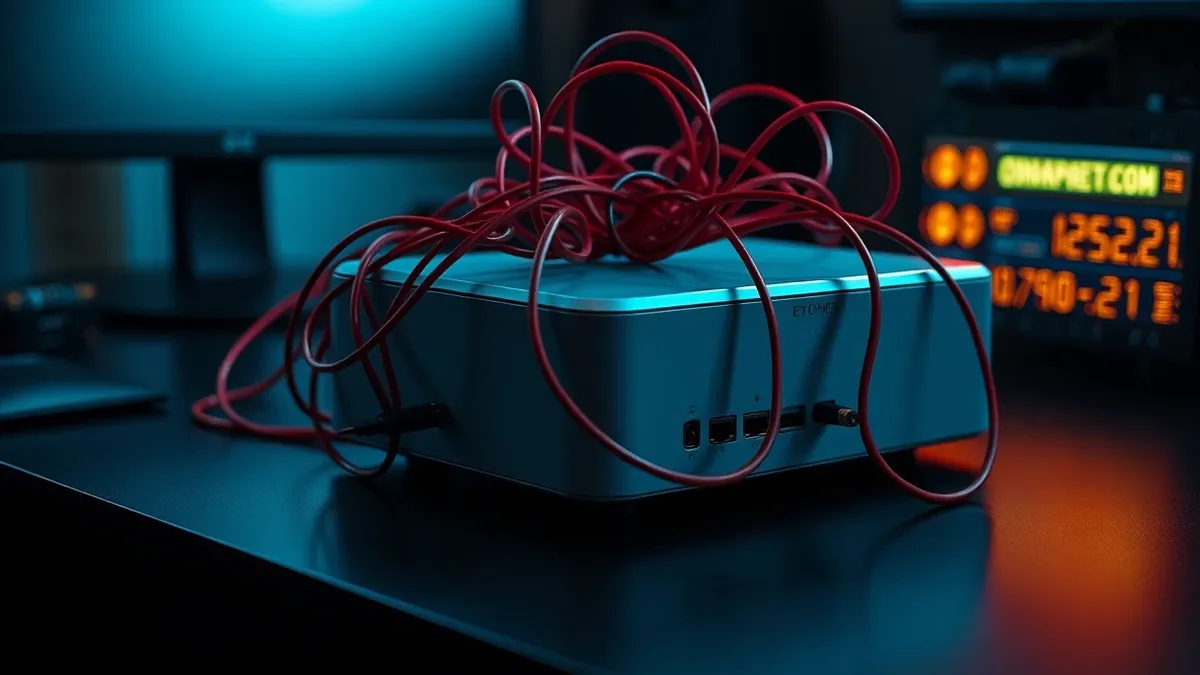 Illustration: A sleek edge appliance sits on a dark desk, its smooth surface reflecting cold light.