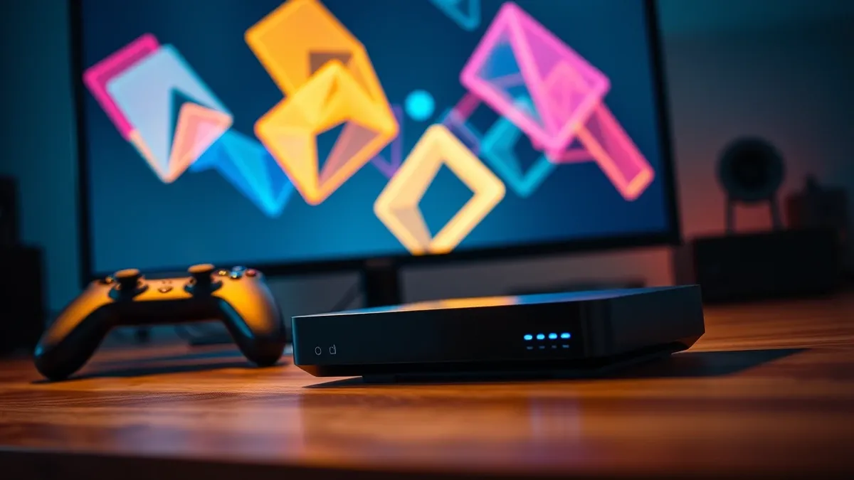 Illustration: A sleek black streaming console rests on a wooden desk beside a modern game controller and a high-resolution monitor.