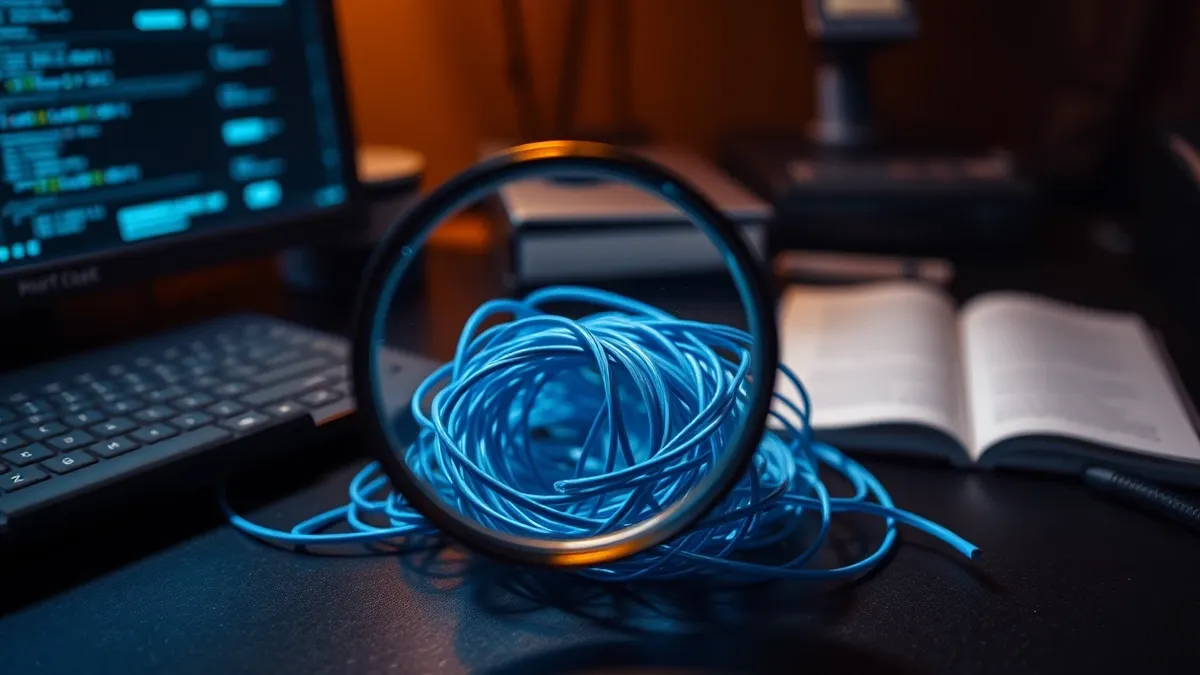 Illustration: A magnifying glass hovers over a tangled knot of glowing blue wires on a dark desk.