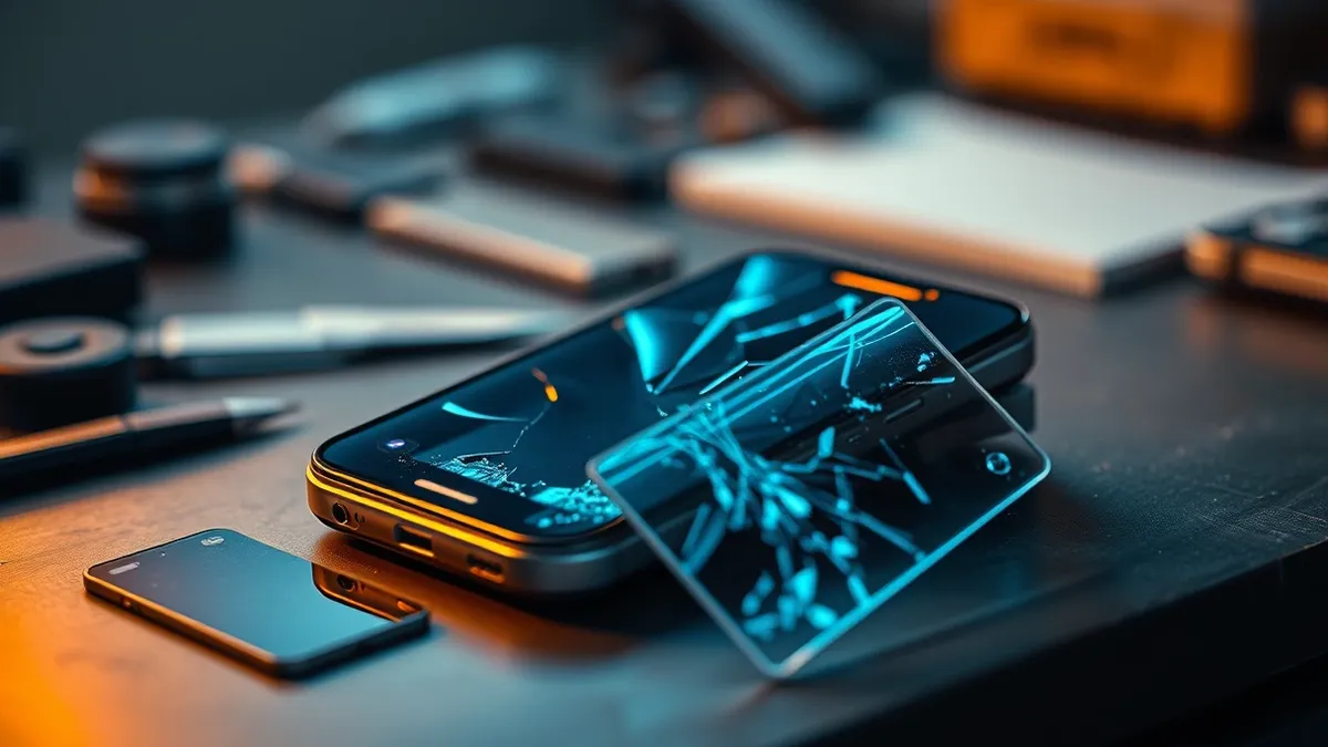 Illustration: A folded smartphone rests on a workbench with its inner display shattered into jagged pieces.