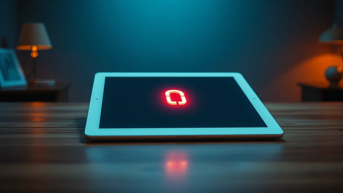 Illustration: A sleek, featureless white tablet rests on a wooden desk, its screen displaying a single, glowing hyperlink surrounded by faint, abstract network nodes.