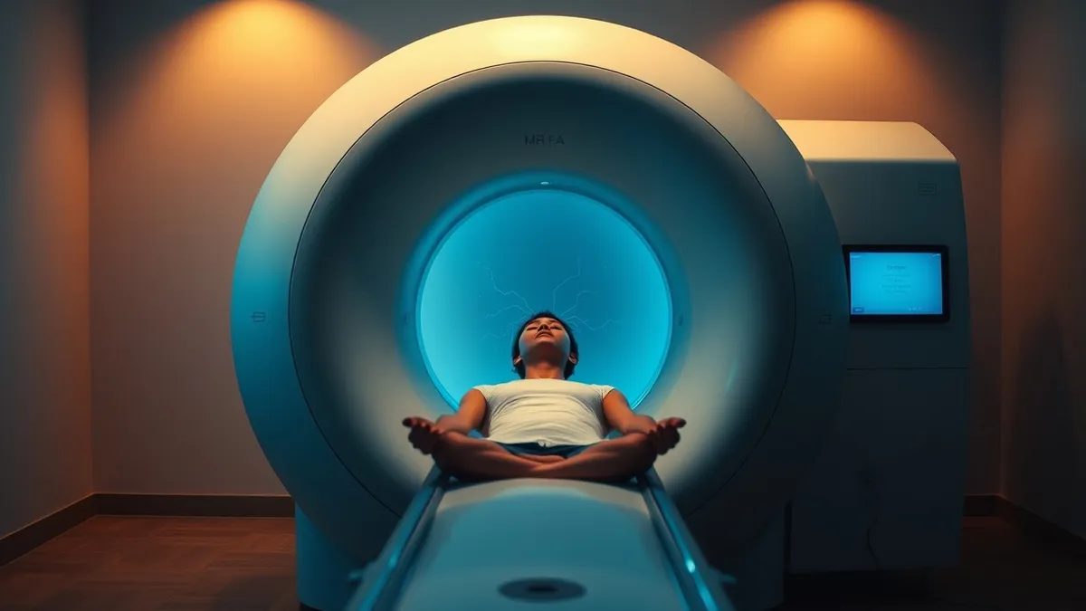 Illustration: A sleek, cylindrical MRI scanner sits in a quiet room.