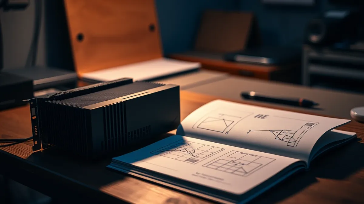 Illustration: A sleek black graphics processor sits on a wooden workbench, its metallic heatsink reflecting soft overhead light.