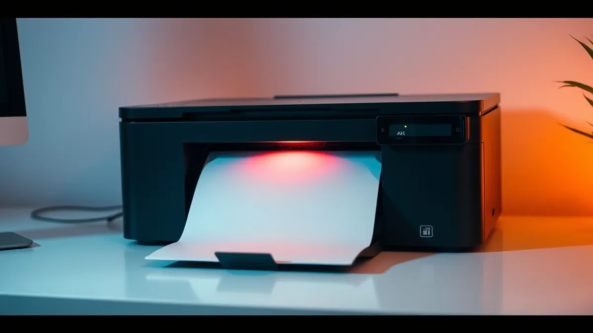 Illustration: A sleek desktop printer sits on a clean white desk.