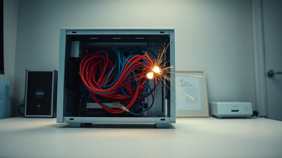 Illustration: A sleek silver server tower sits open on a clean white desk, its internal circuit boards exposed to reveal a tangled knot of red and blue wires.