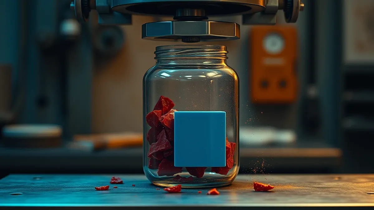 Illustration: A transparent glass jar sits on a steel workbench, filled with irregular red shards.