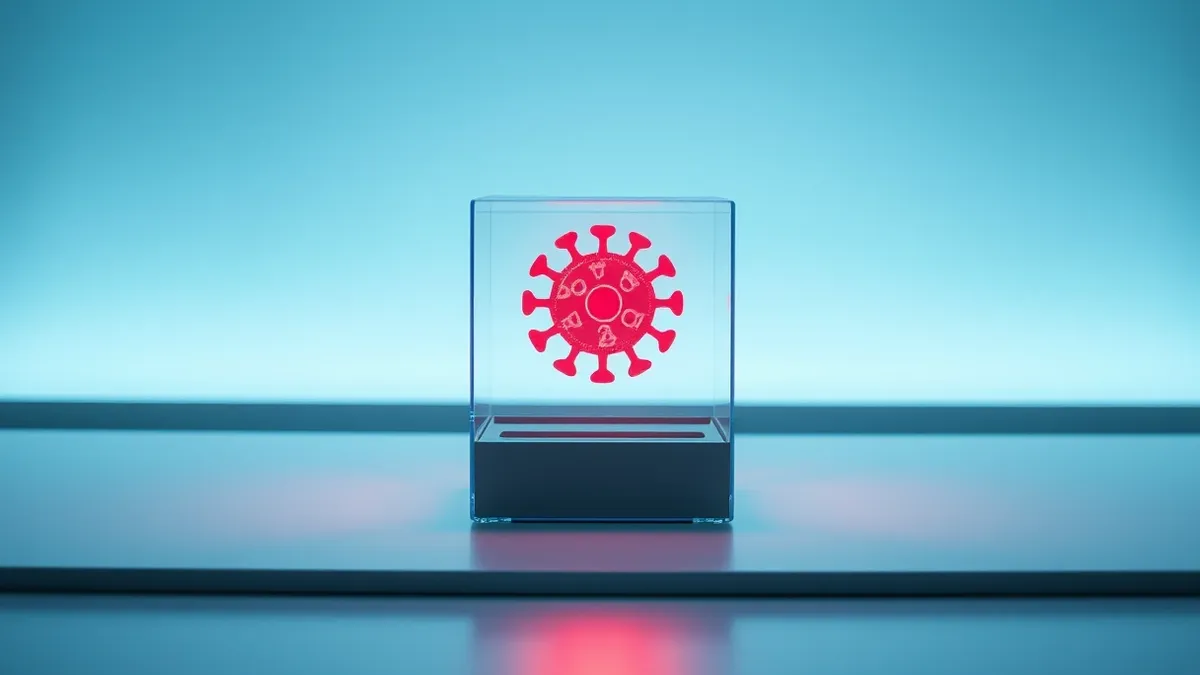 Illustration: A transparent glass box sits on a clean white desk, containing a single glowing red virus icon that pulses with light.