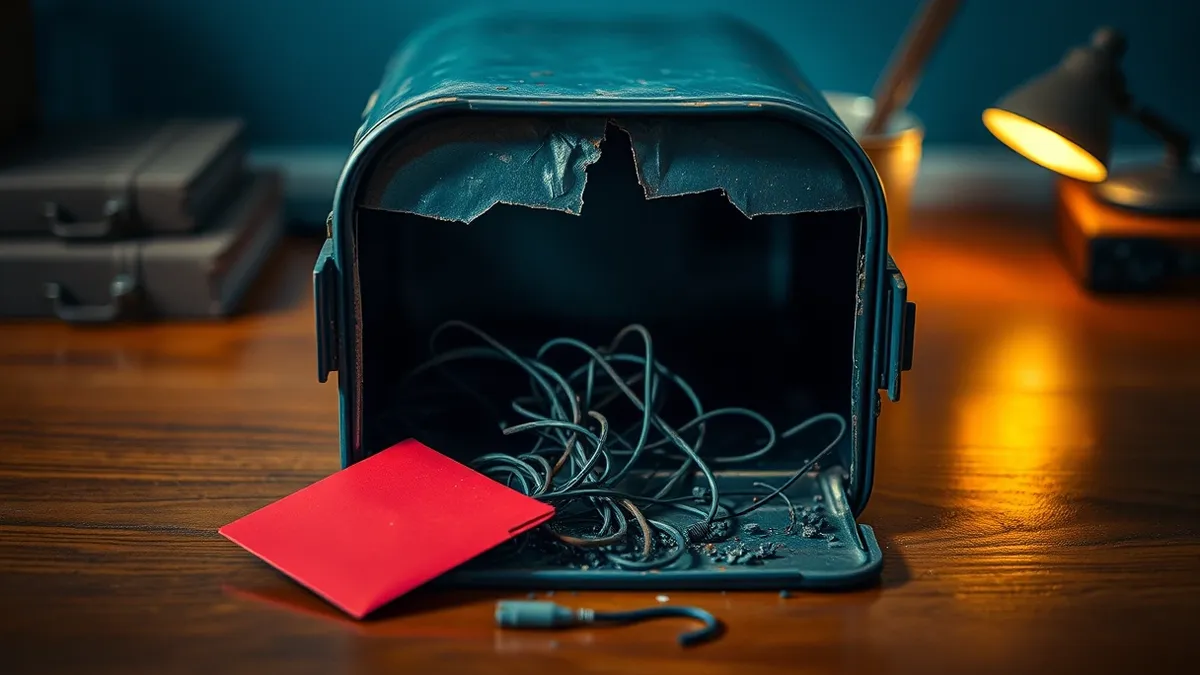 Illustration: A cracked open mailbox sits on a wooden desk.