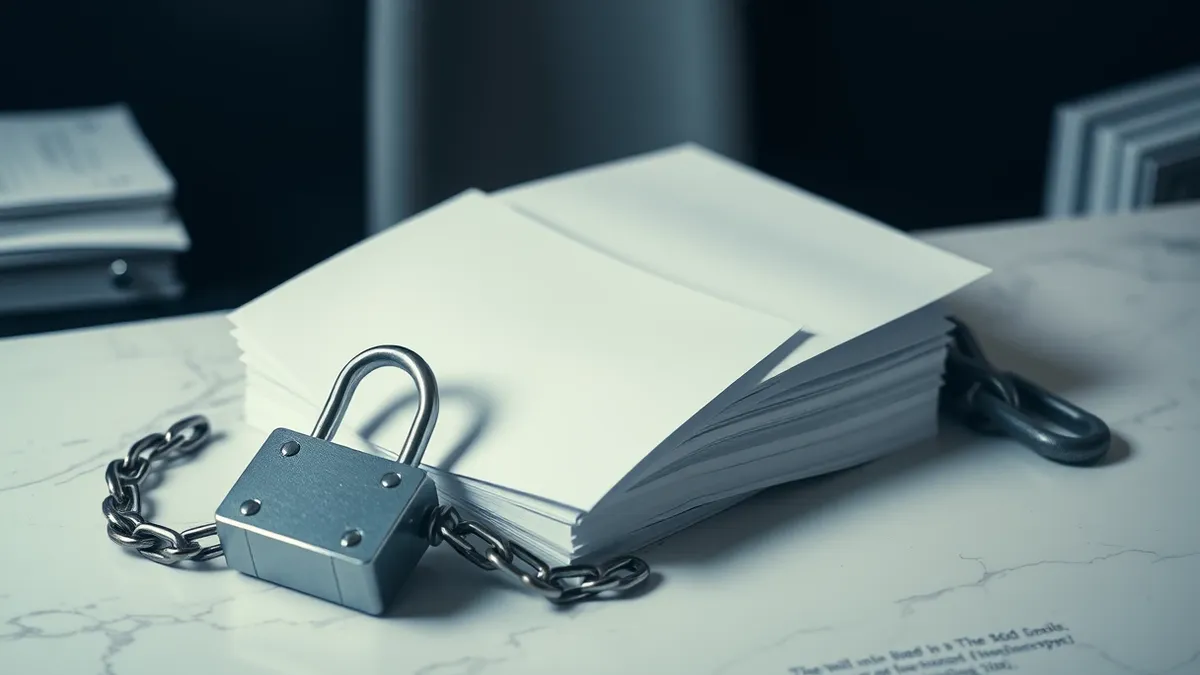 Illustration: A sleek white marble desk holds a thick stack of blank white papers next to a silver mechanical lock and heavy iron chains.