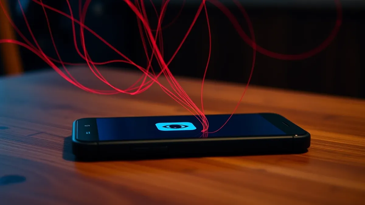 Illustration: A black smartphone rests on a wooden table, its screen displaying a generic blue app icon with a subtle red eye symbol hidden in the corner.