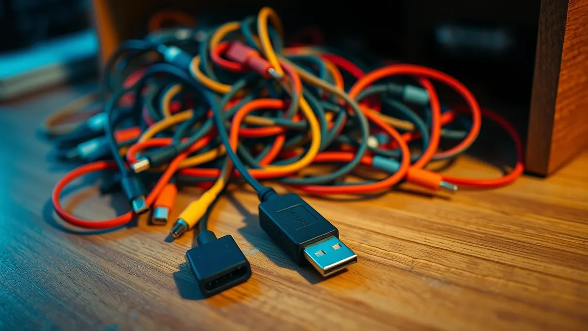 Illustration: A tangled mass of colorful USB cables spills from an open desk drawer onto a wooden surface.