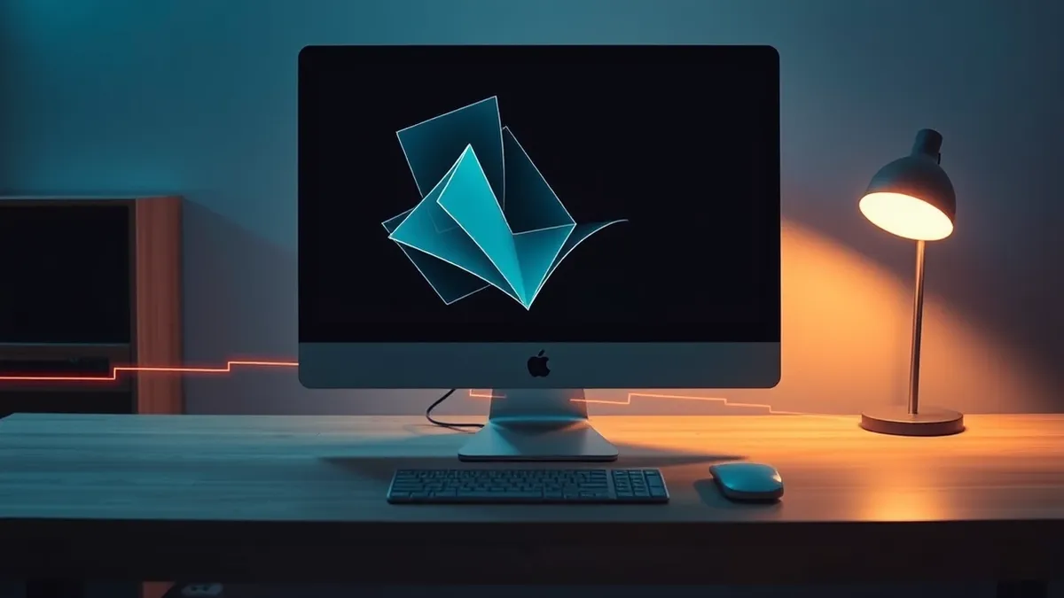 Illustration: A sleek desktop computer sits on a clean wooden desk with its monitor displaying abstract geometric shapes.