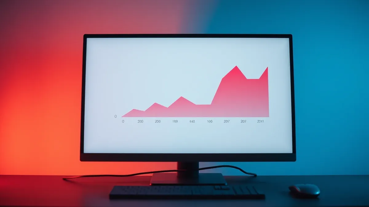 Illustration: A generic desktop computer monitor displays a flat dashboard with a sharp red line chart spiking upward against a calm blue background.
