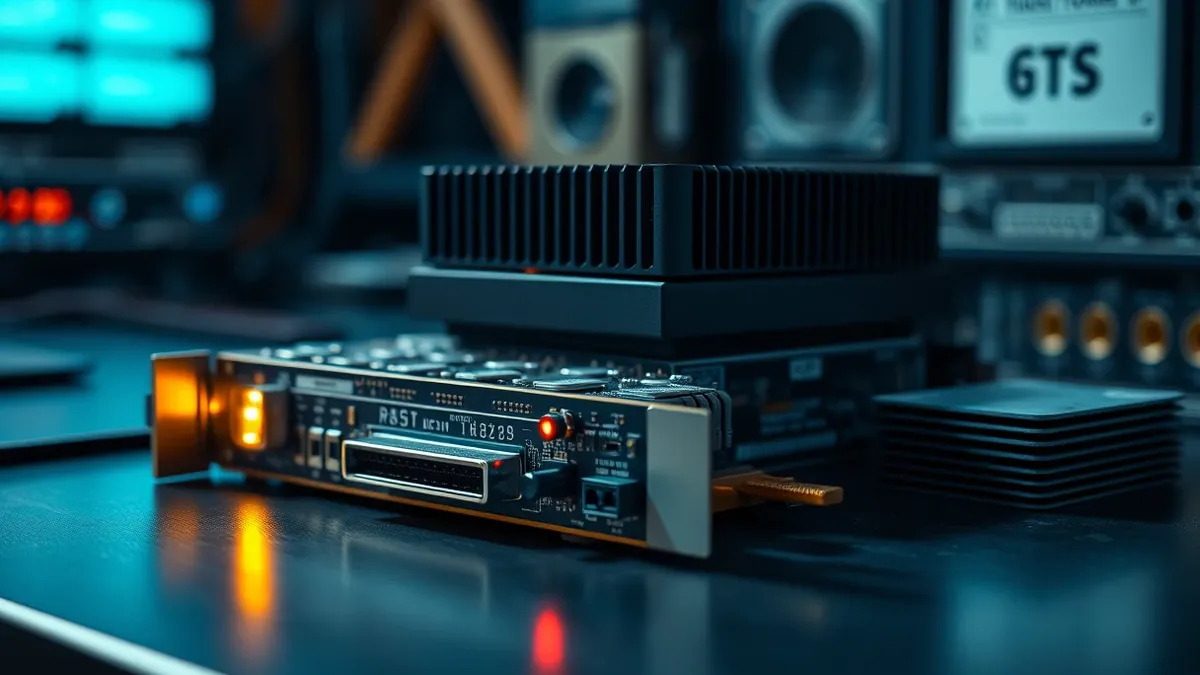 Illustration: A single, thick server accelerator card sits on a dark workbench.