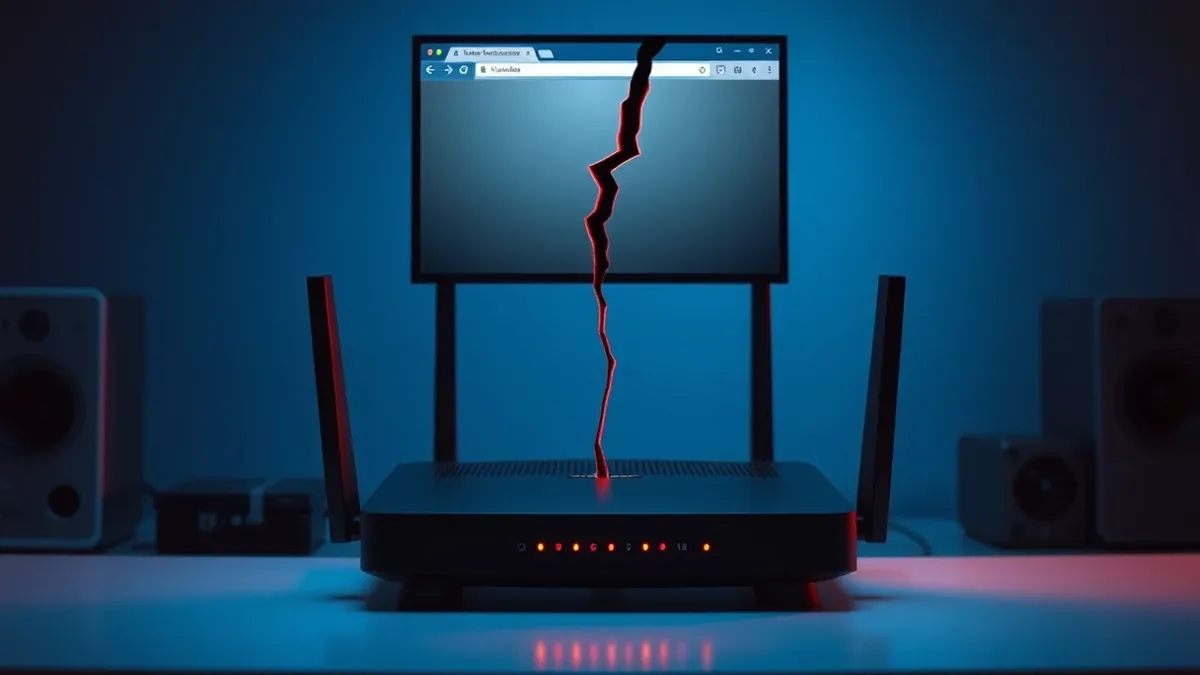Illustration: A sleek black network router sits on a clean desk, its front panel displaying blank status lights.