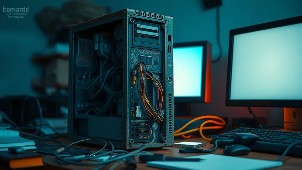 Illustration: A dusty, obsolete computer tower sits disconnected from modern networking cables on a cluttered desk.
