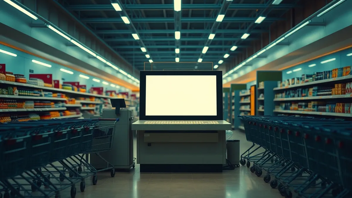 Illustration: A closed grocery checkout counter with a blank digital screen sits in an empty aisle.