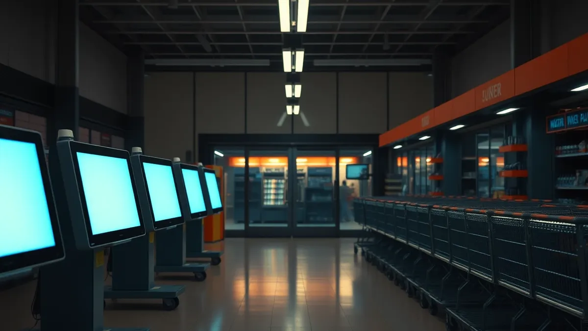 Illustration: A row of blank checkout monitors sits idle in a dimly lit supermarket aisle.