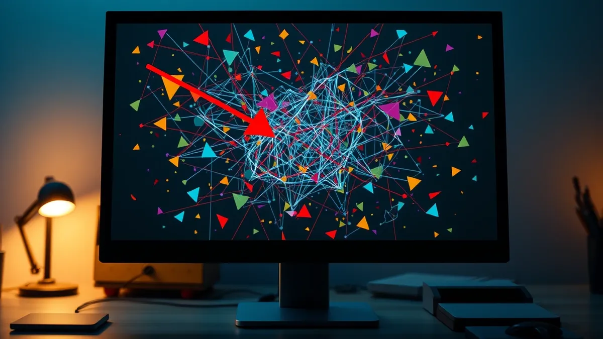 Illustration: A transparent computer monitor displays a chaotic web of colorful, abstract geometric shapes and tangled lines swirling in mid-air.