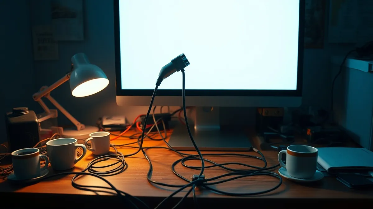 Illustration: A sleek desktop computer sits on a cluttered wooden desk, surrounded by tangled cables and empty coffee cups.