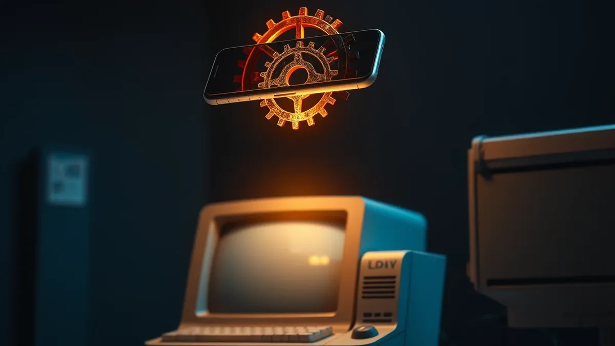 Illustration: A sleek smartphone hovers above a vintage desktop computer.