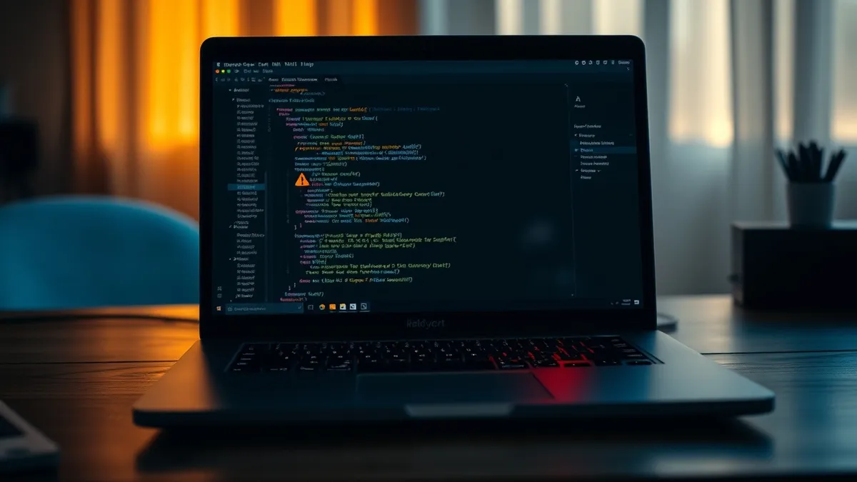 Illustration: A sleek black laptop sits open on a wooden desk, displaying a blank code editor interface.