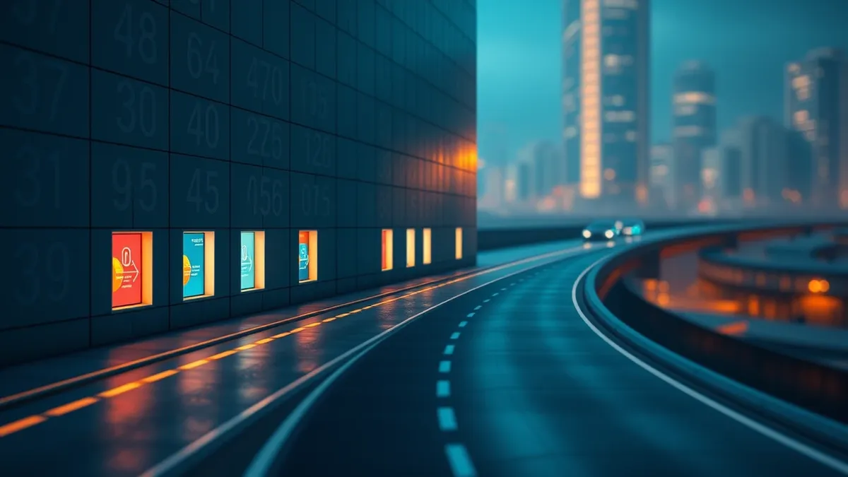 Illustration: A sleek, abstract building facade with clearly numbered window slots stands beside a winding digital road.