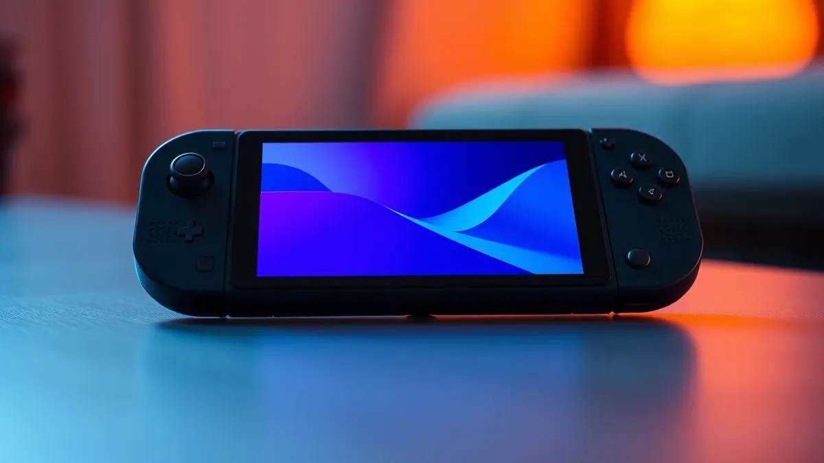 Illustration: A compact handheld gaming device rests on a flat surface, its blank screen displaying a smooth, abstract geometric landscape in vibrant blues and purples.