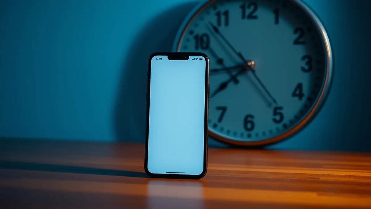 Illustration: A smartphone displaying a blank authentication app screen sits beside a wall clock with perfectly aligned hands.