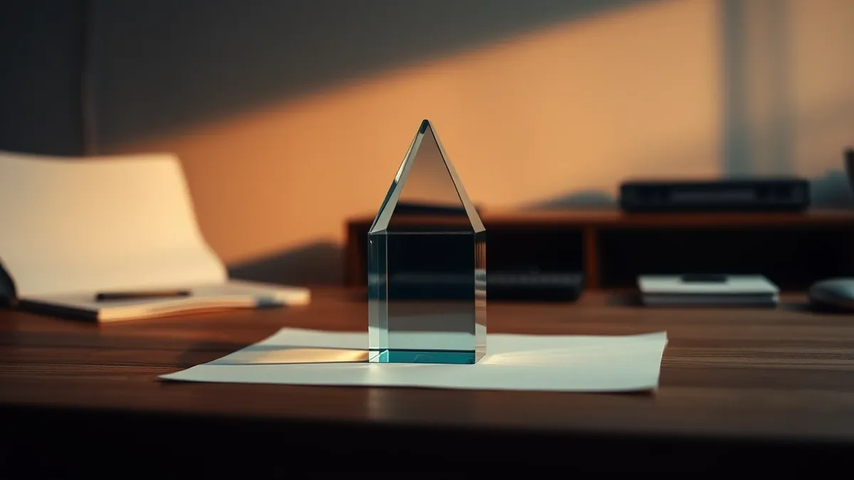 Illustration: A transparent glass prism sits on a wooden desk, splitting a single solid beam of white light into distinct, separate colored shards that scatter across a blank white