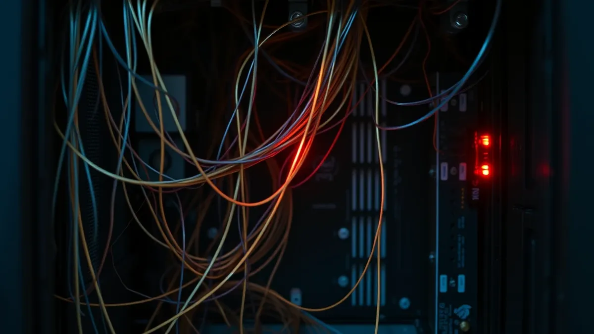Illustration: A tangled web of thin, glowing threads weaves through the dark interior of a server chassis, connecting various circuit boards.
