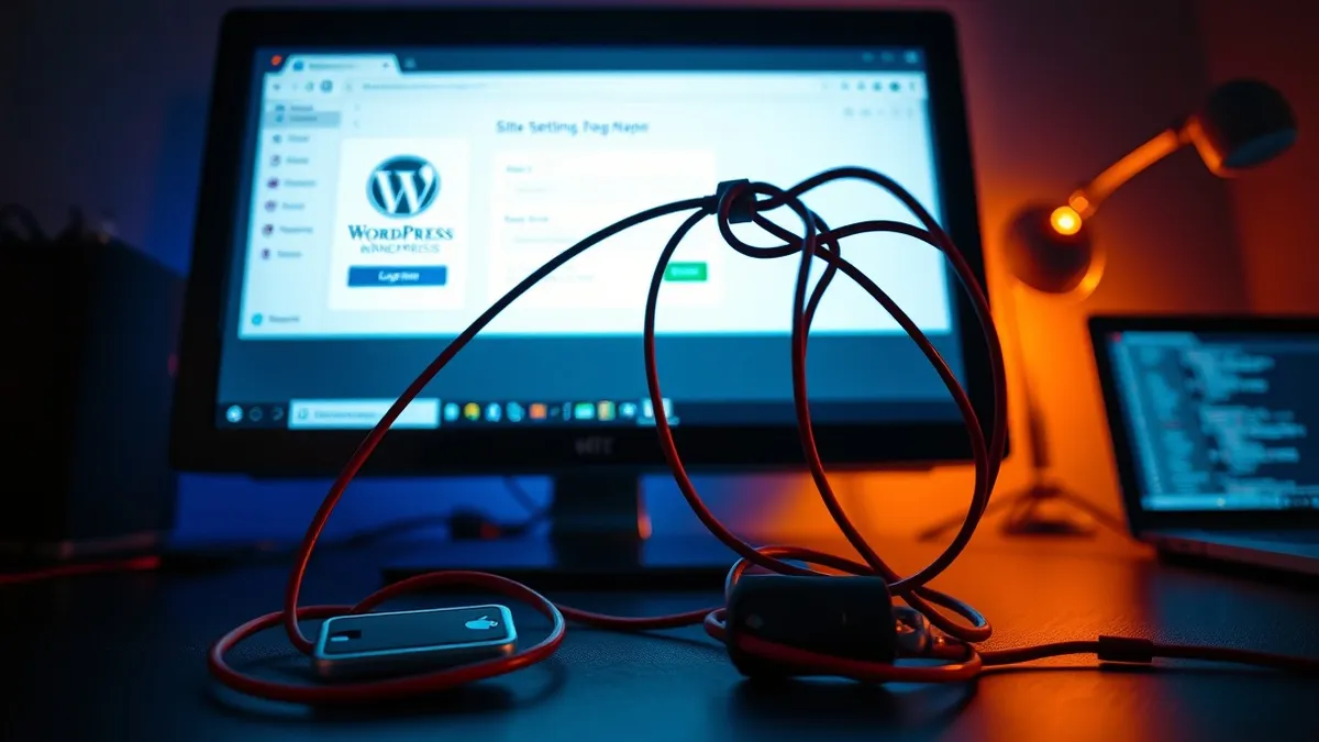 Illustration: A WordPress admin dashboard glows on a blank monitor, its login screen bypassed by a tangled knot of red wires that snake directly into the power cord.