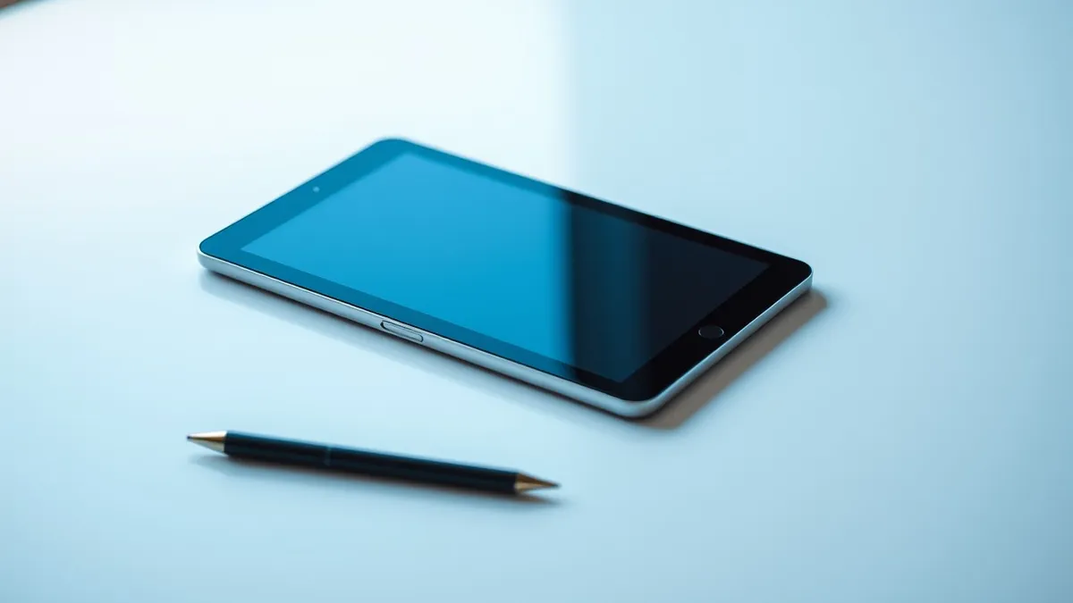 Illustration: A small tablet with bright edges rests on a clean white surface.