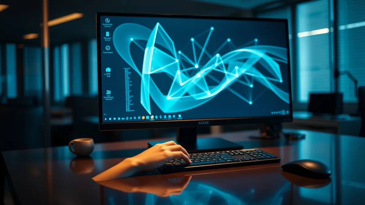 Illustration: A sleek workstation sits on a polished desk, displaying abstract geometric patterns on a large monitor.
