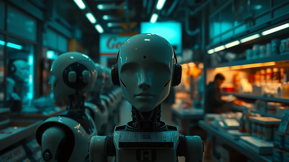 Illustration: A bustling electronics market displays rows of sleek, blank robot heads and neural network chips, while traditional consumer goods sit quietly in shadowed stalls behi