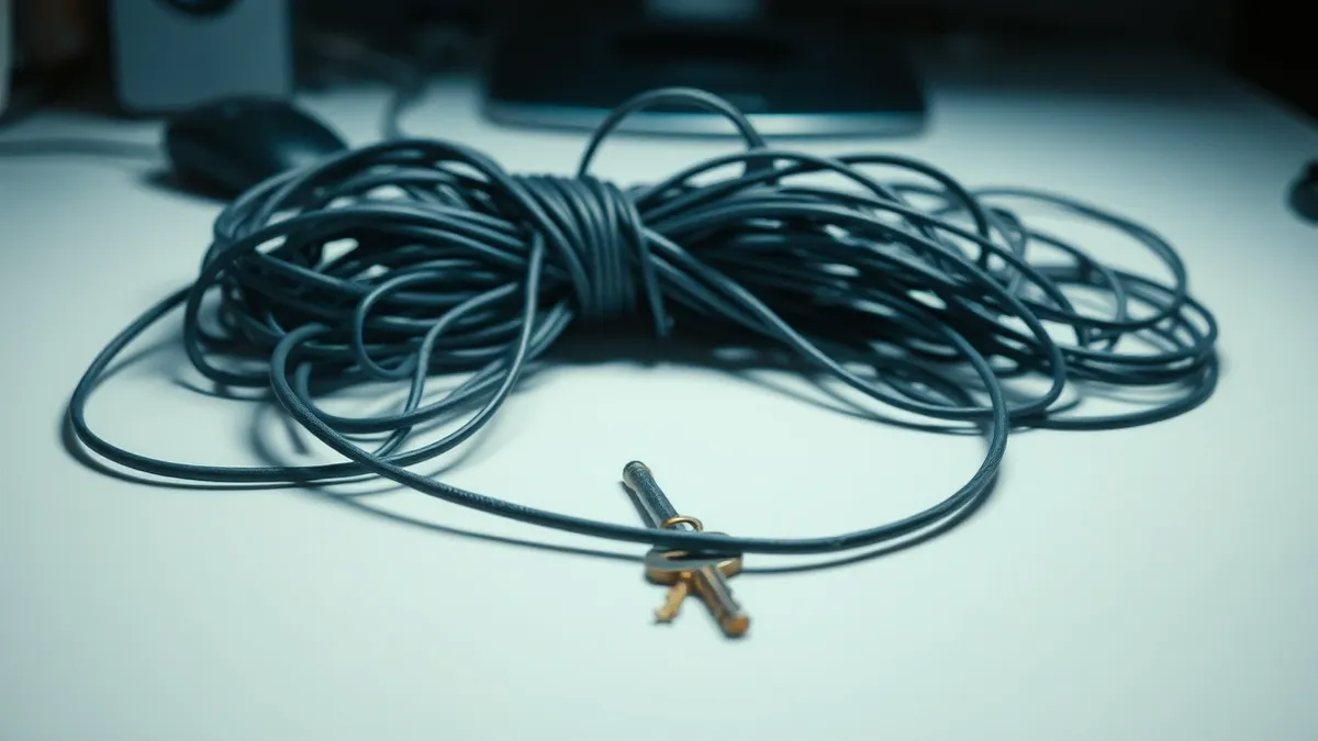 Illustration: A tangled knot of grey wires rests on a clean white desk, obscuring a small brass key.