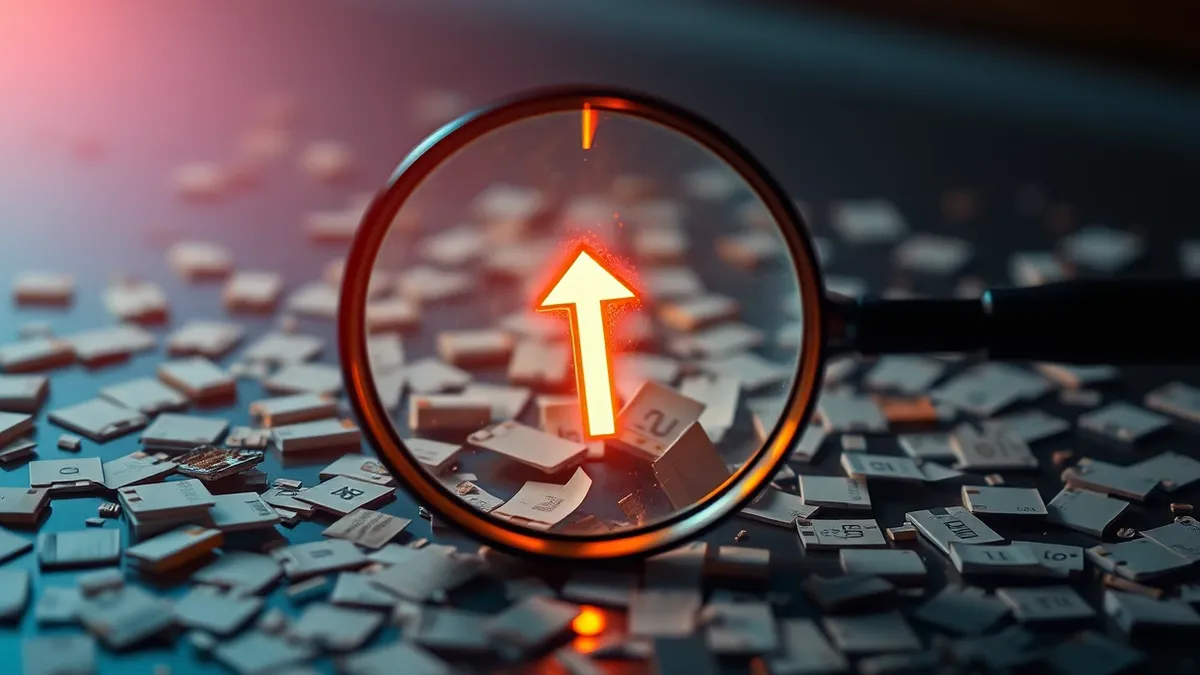 Illustration: A magnifying glass hovers over a transparent layer of fragmented digital files.