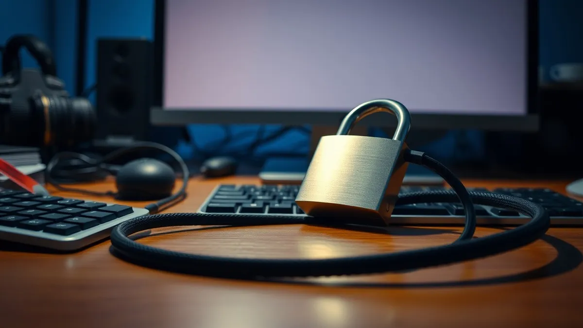Illustration: A sleek silver padlock rests on a cluttered wooden desk, its surface reflecting the soft glow of a nearby monitor.