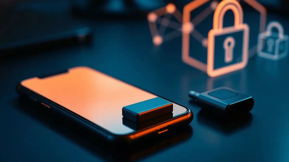 Illustration: A sleek smartphone rests on a dark desk beside a small, metallic security dongle.