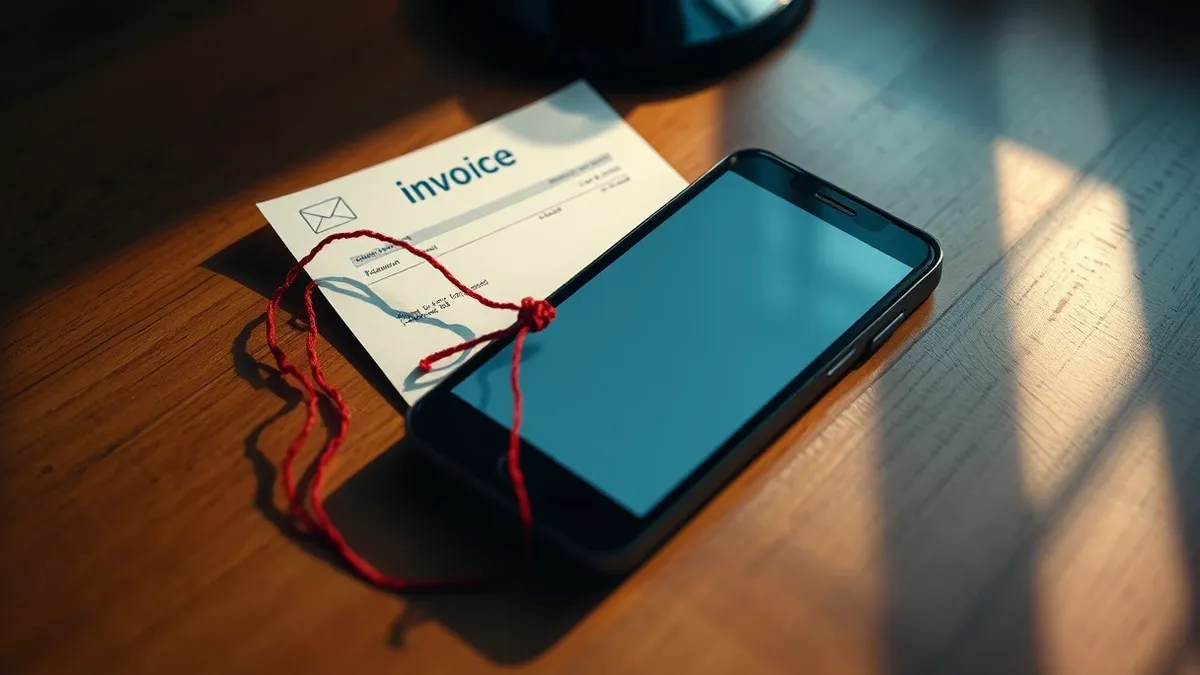 Illustration: A blank printed invoice rests on a wooden desk next to a smartphone displaying a generic envelope icon.