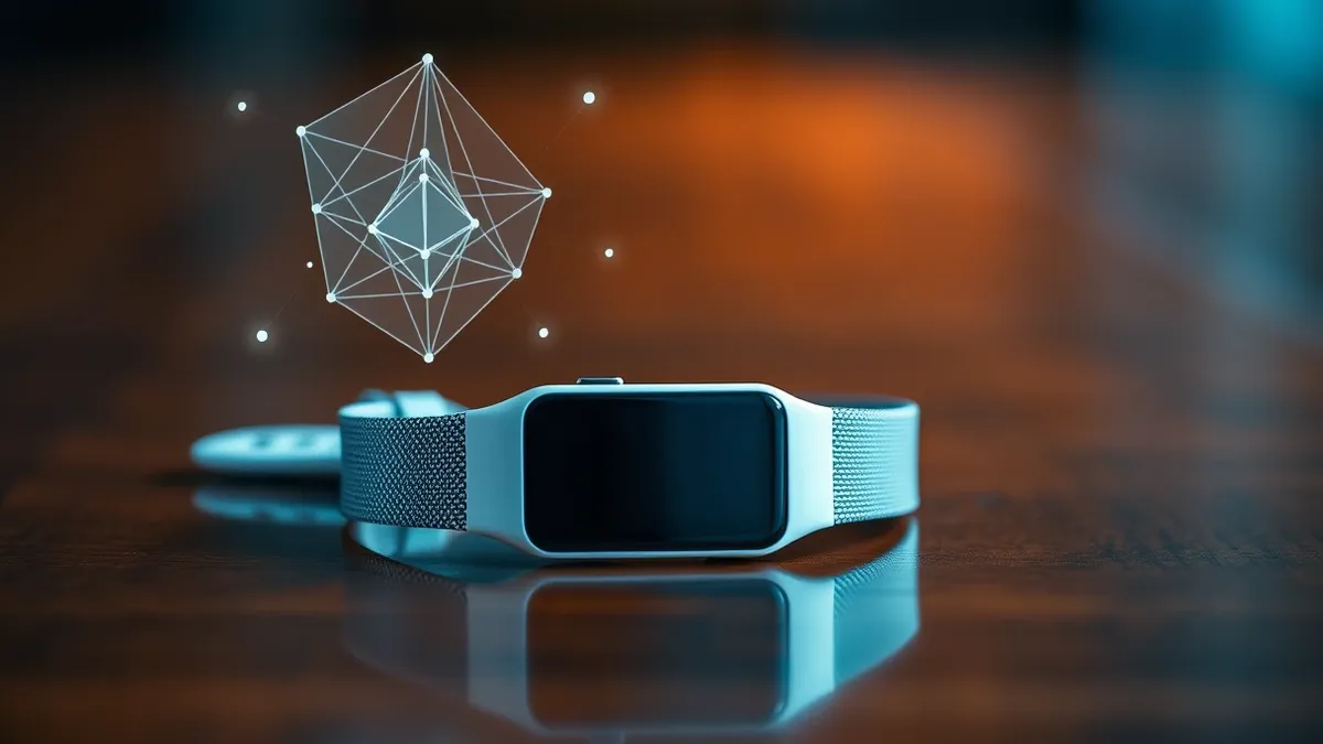 Illustration: A sleek white fitness band rests on a polished wooden surface, its strap replaced by a shimmering silver metal mesh.
