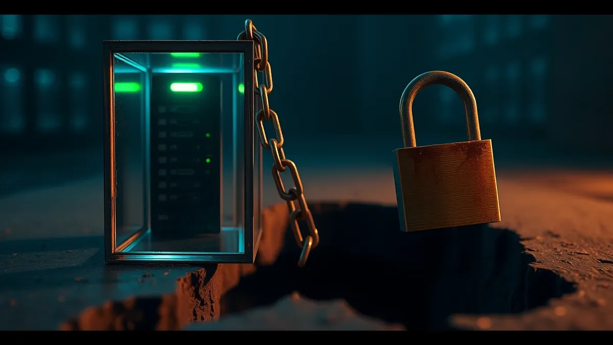 Illustration: A broken chain link connects a secure server to an open, rusty padlock.