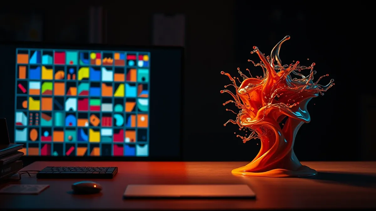 Illustration: A split workspace shows a rigid grid sorting distinct colored geometric shapes on the left, while the right side features a chaotic swirl of vibrant pixels and flowin