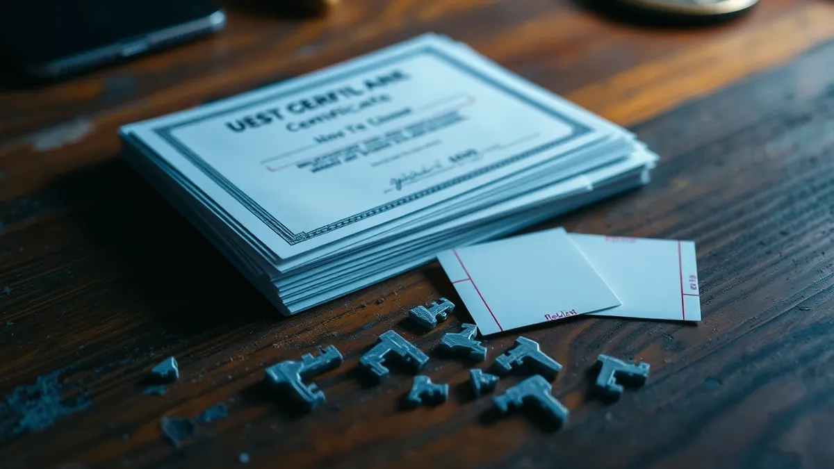 Illustration: A stack of blank white certificates lies abandoned on a dusty wooden desk.